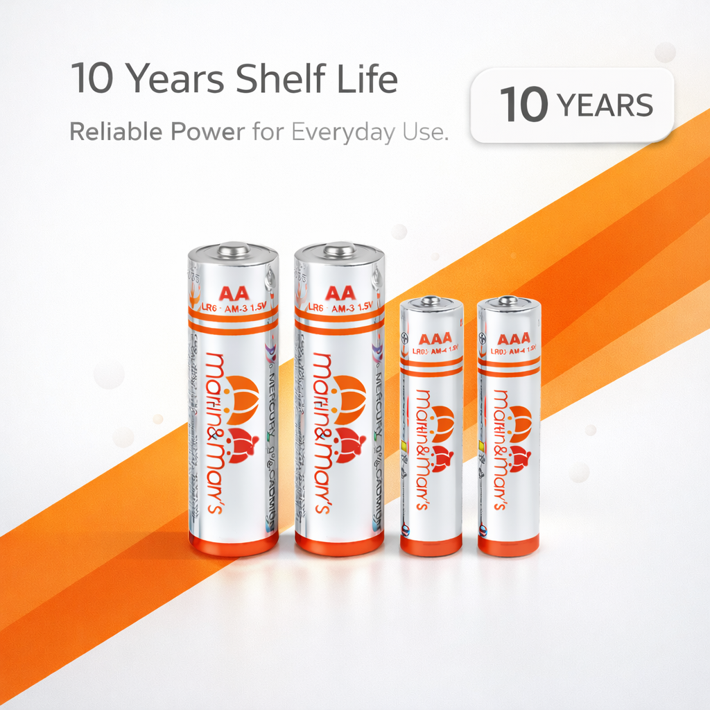 Marin & Mary’s AA & AAA Alkaline Batteries – 1.5V Stable Output | 10 Years Shelf Life | Long Lasting Power | Leak-Proof Design | Reliable for Everyday Devices