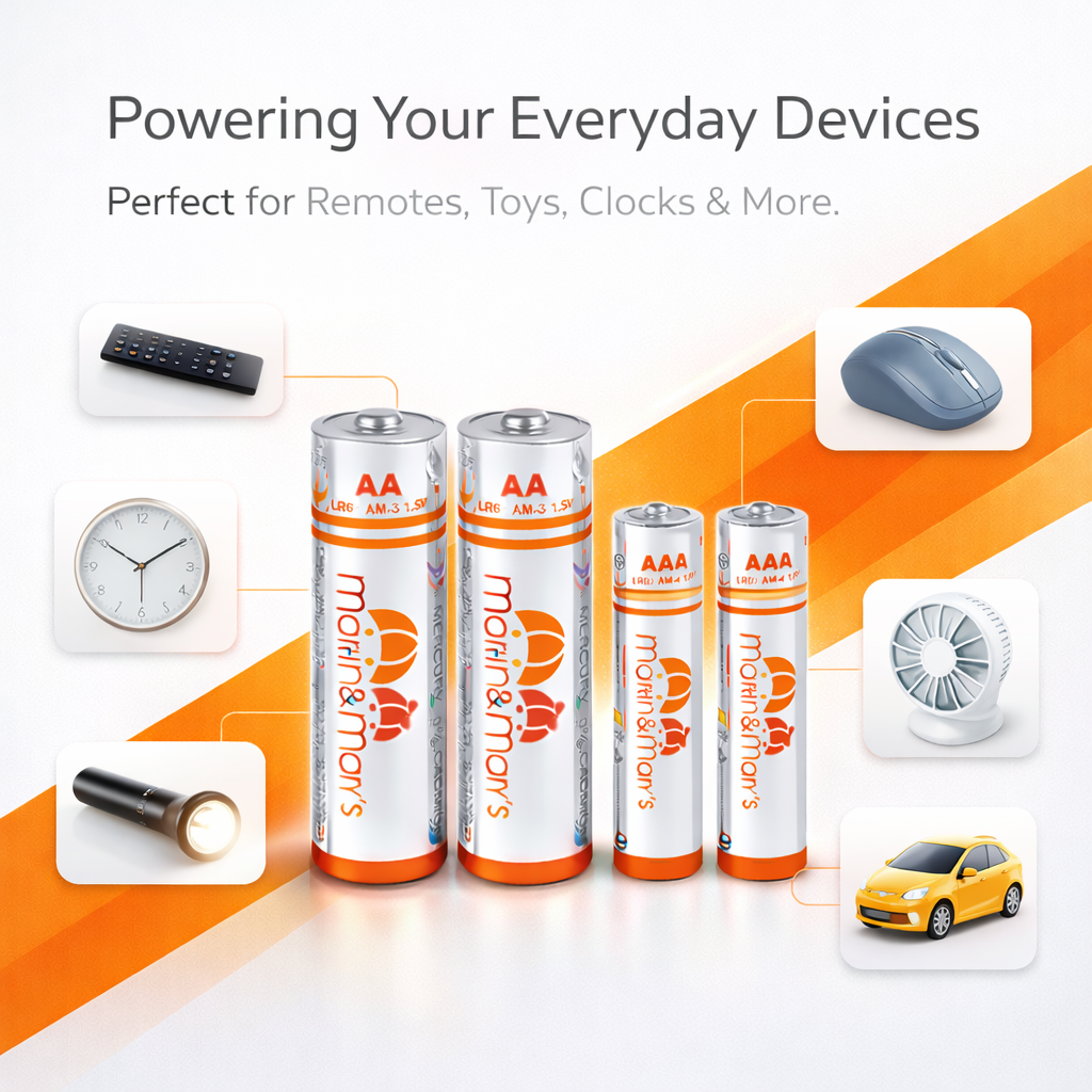 Marin & Mary’s AA & AAA Alkaline Batteries – 1.5V Stable Output | 10 Years Shelf Life | Long Lasting Power | Leak-Proof Design | Reliable for Everyday Devices