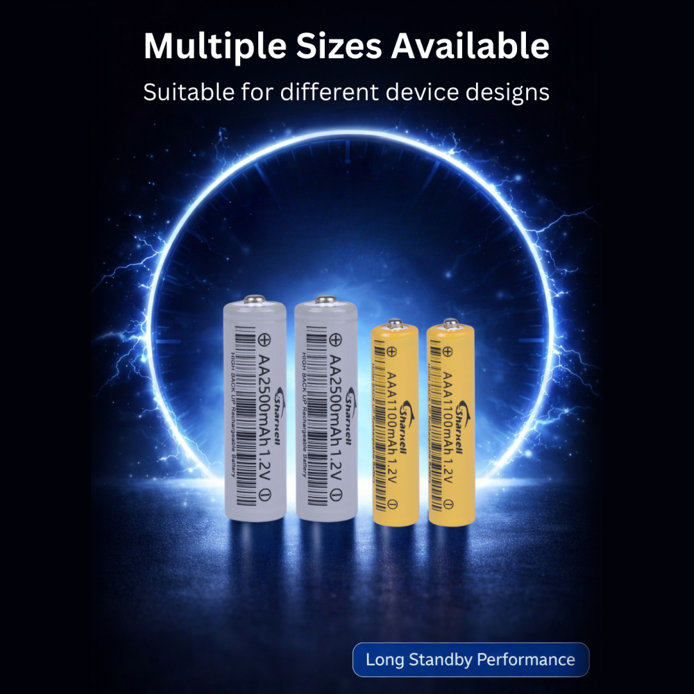 Rechargeable AA & AAA Batteries 1.2V – High Capacity, Long Cycle Life (500–1000 Cycles), Low Self-Discharge