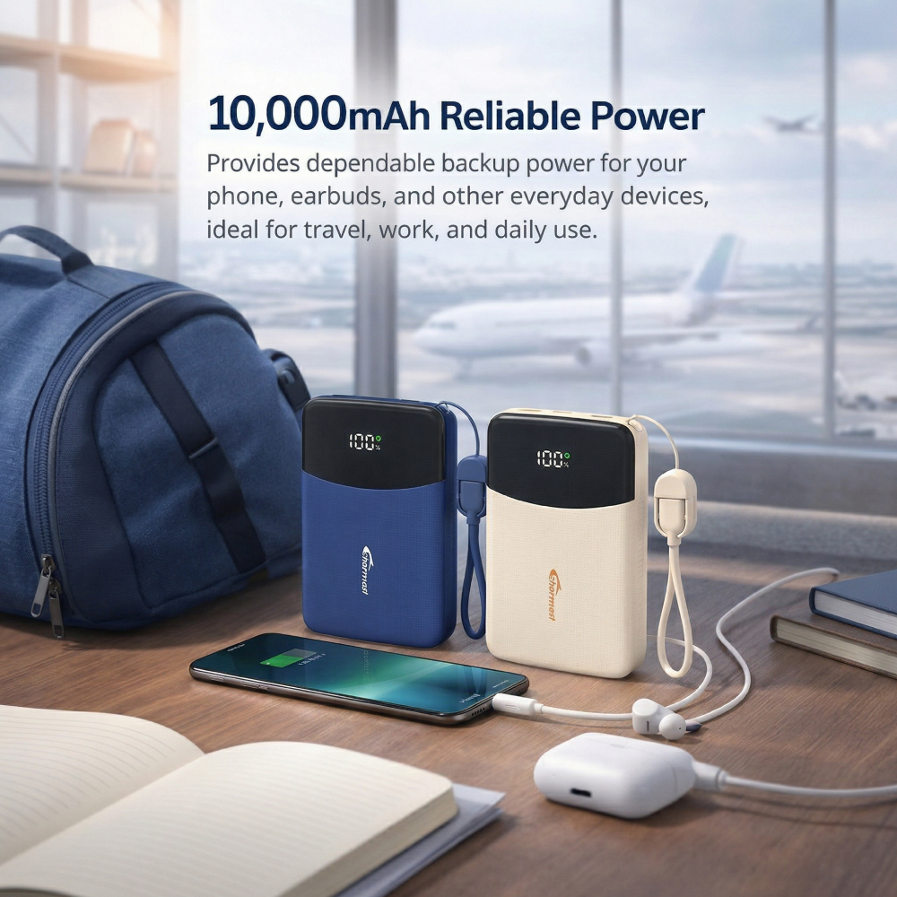 10,000mAh Portable Power Bank with Built-in Cable – Fast Charging, Compact Travel Charger with LED Display