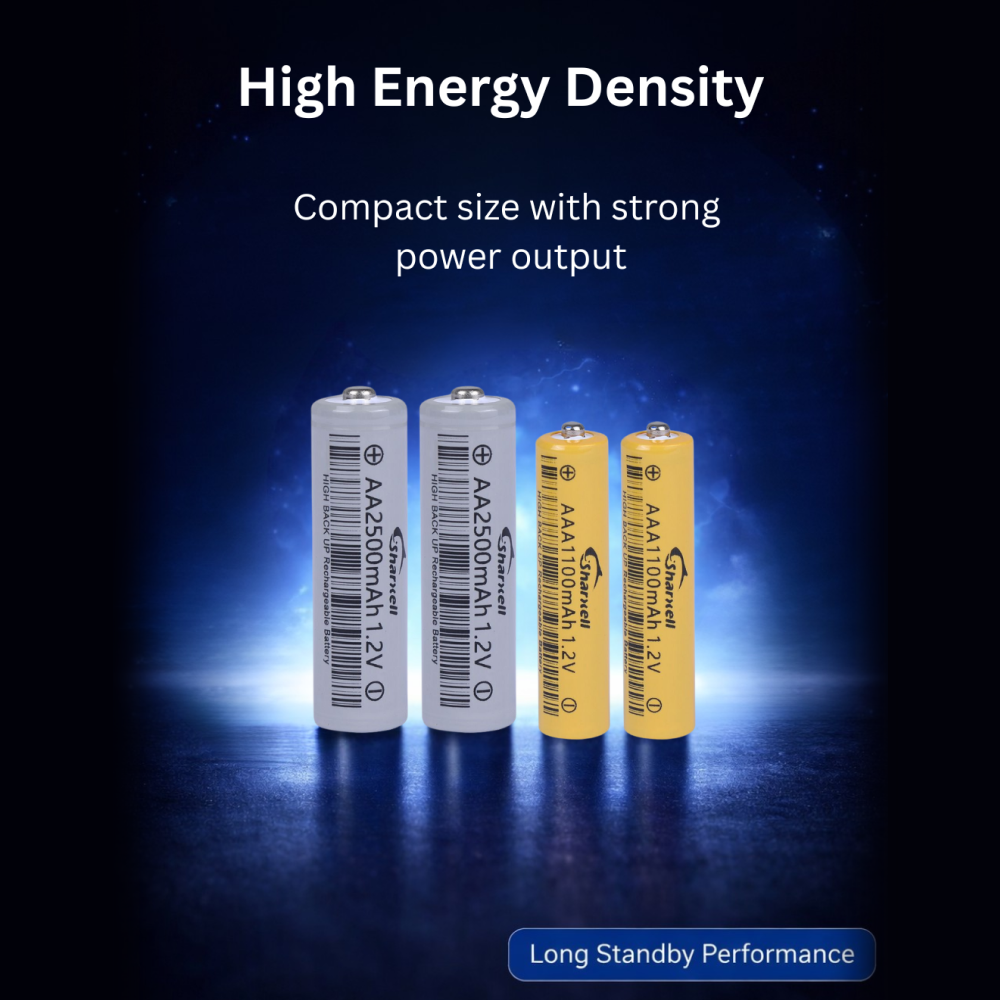 Rechargeable AA & AAA Batteries 1.2V – High Capacity, Long Cycle Life (500–1000 Cycles), Low Self-Discharge