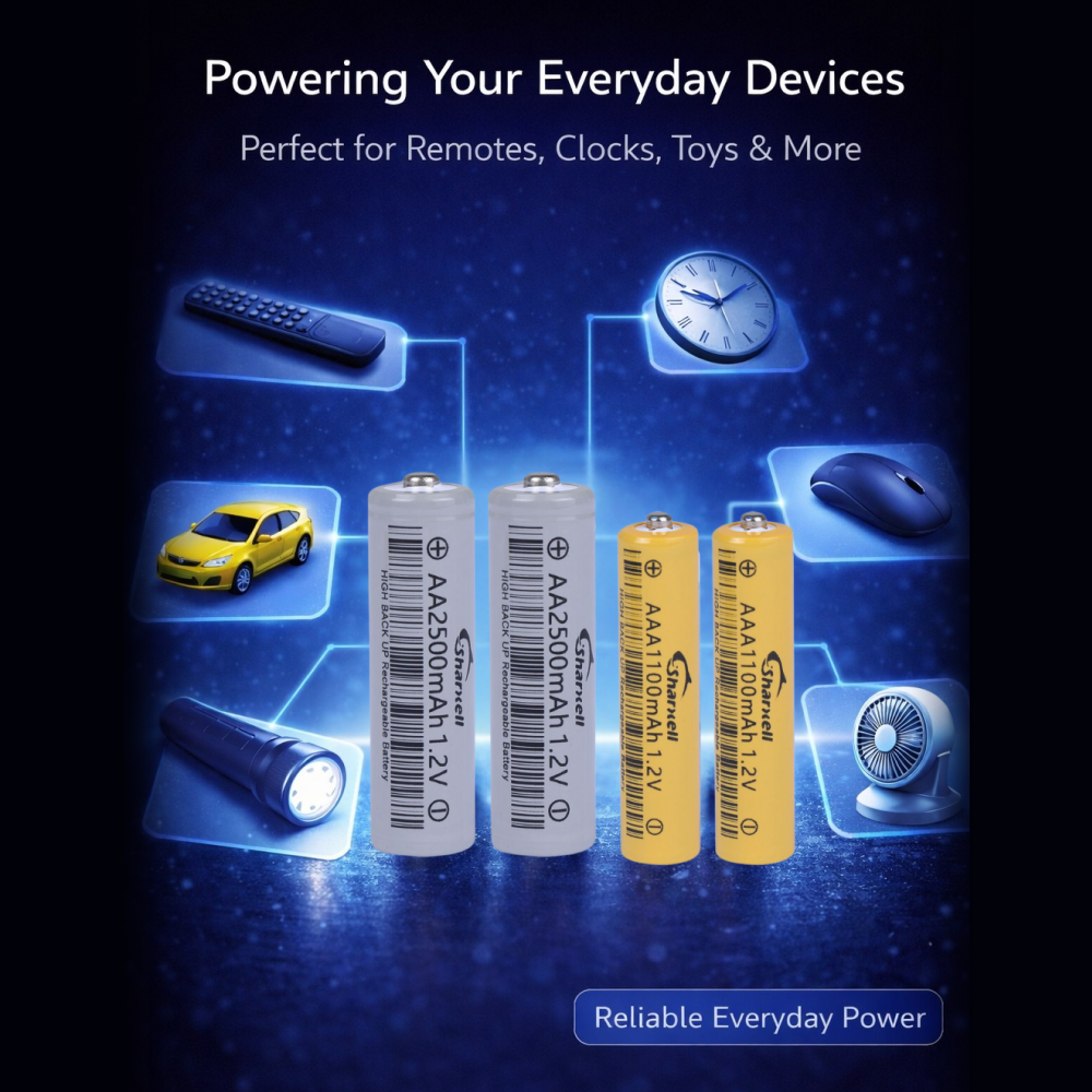 Rechargeable AA & AAA Batteries 1.2V – High Capacity, Long Cycle Life (500–1000 Cycles), Low Self-Discharge