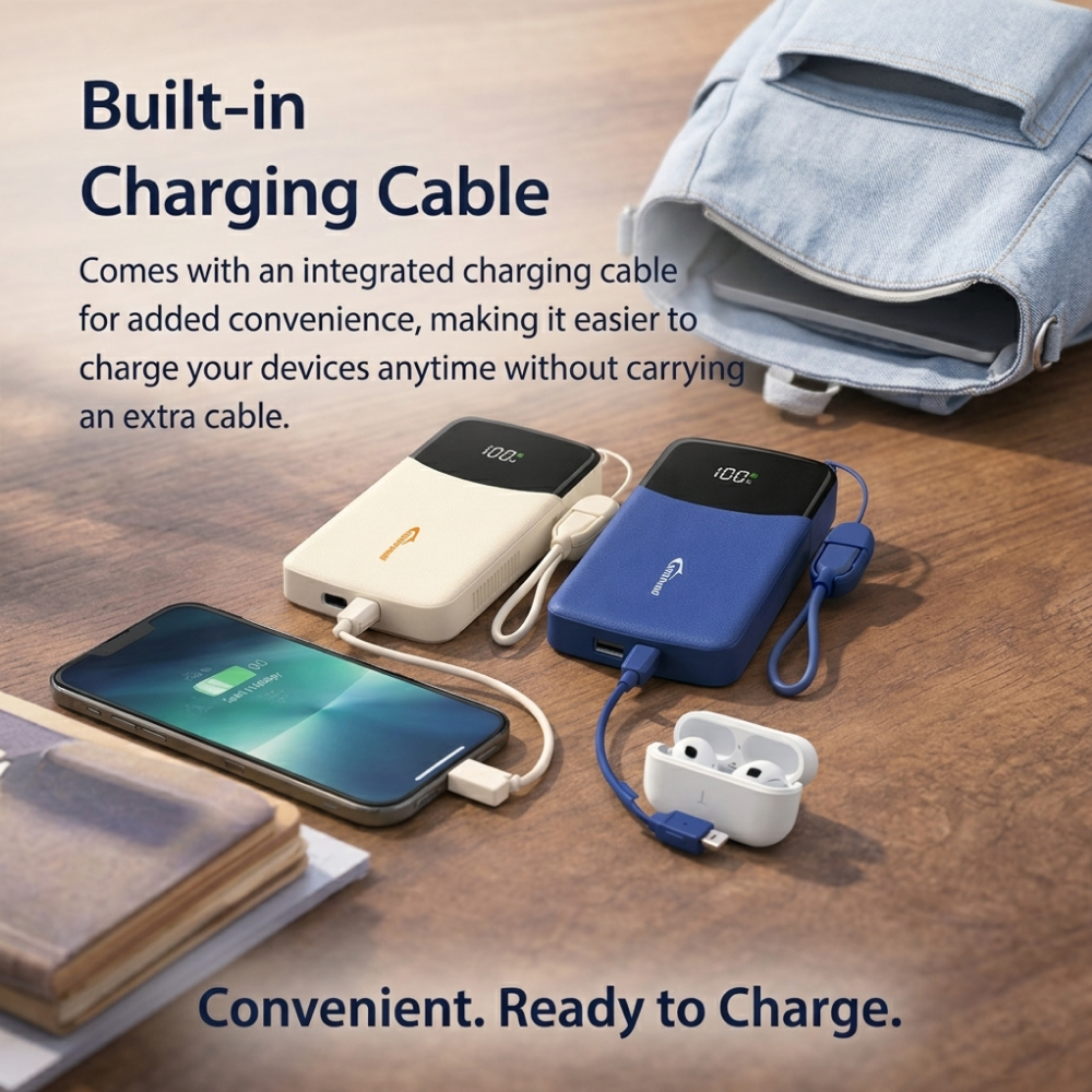 10,000mAh Portable Power Bank with Built-in Cable – Fast Charging, Compact Travel Charger with LED Display