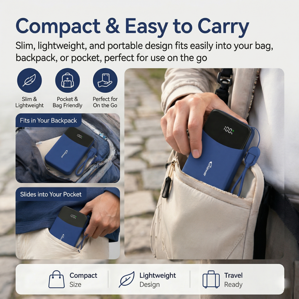 10,000mAh Portable Power Bank with Built-in Cable – Fast Charging, Compact Travel Charger with LED Display