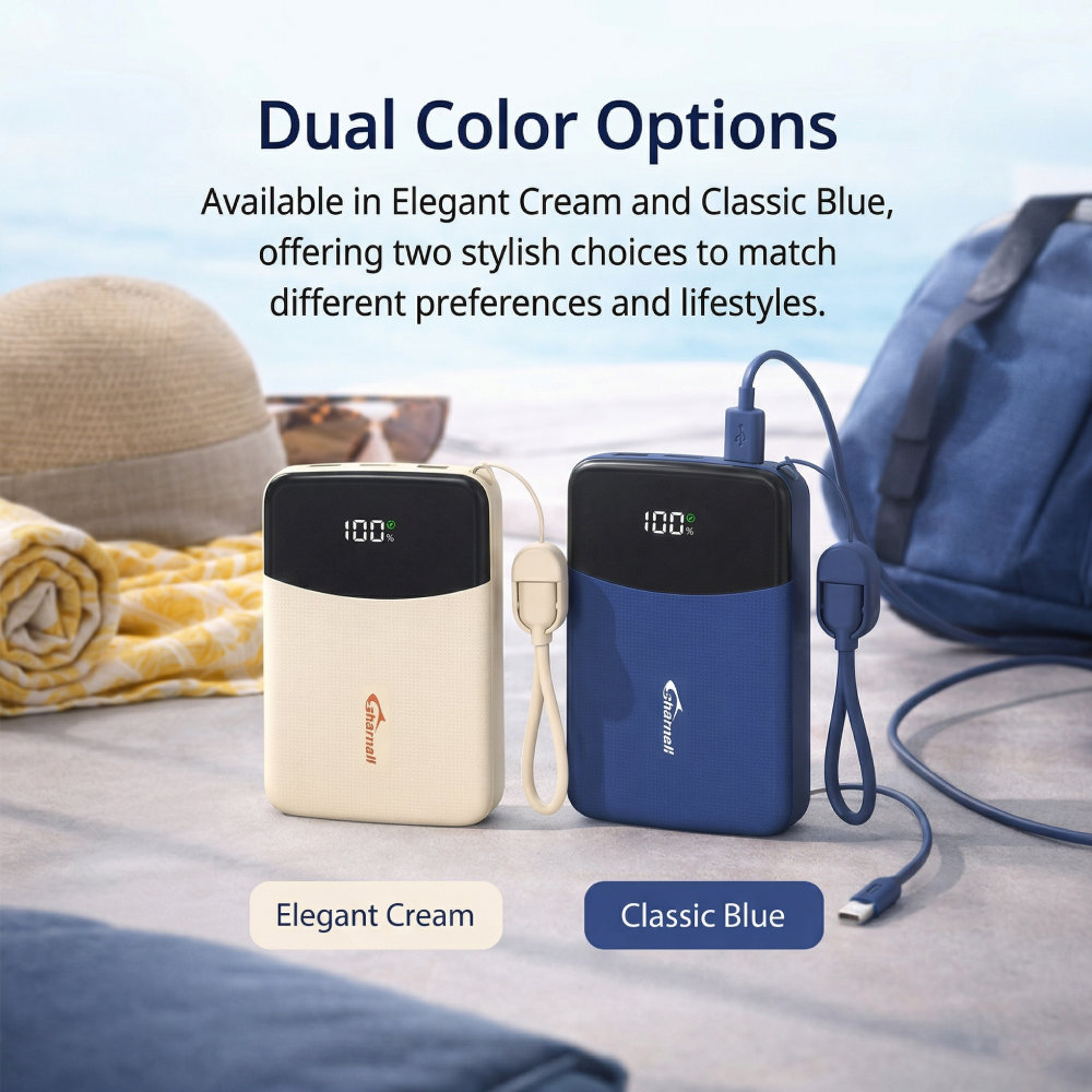 10,000mAh Portable Power Bank with Built-in Cable – Fast Charging, Compact Travel Charger with LED Display